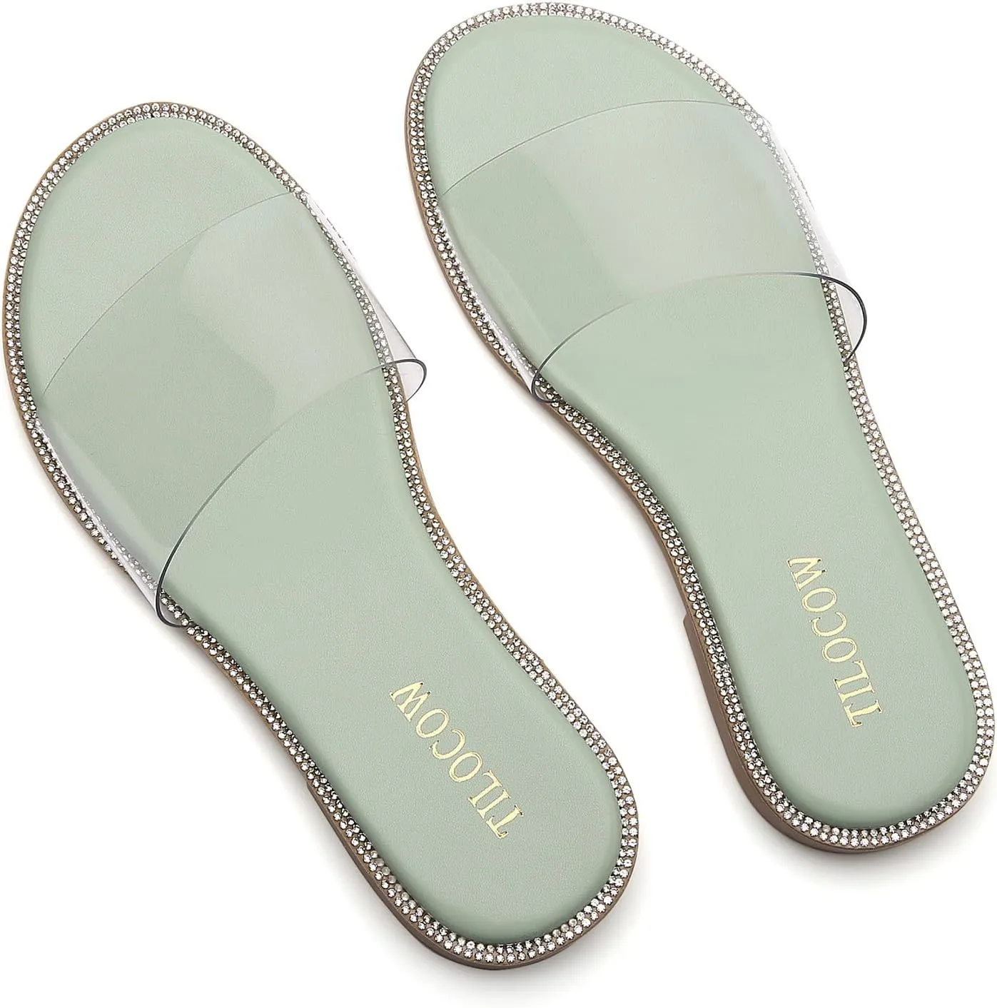 Tilocow Women Clear Sandals for Womens Rhinestone Decor Slides Slip on Bling Sandals Daily Casual Beach Summer Flat Shoes