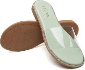 Tilocow Women Clear Sandals for Womens Rhinestone Decor Slides Slip on Bling Sandals Daily Casual Beach Summer Flat Shoes
