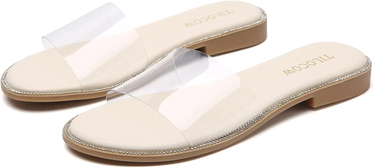 Tilocow Women Clear Sandals for Womens Rhinestone Decor Slides Slip on Bling Sandals Daily Casual Beach Summer Flat Shoes