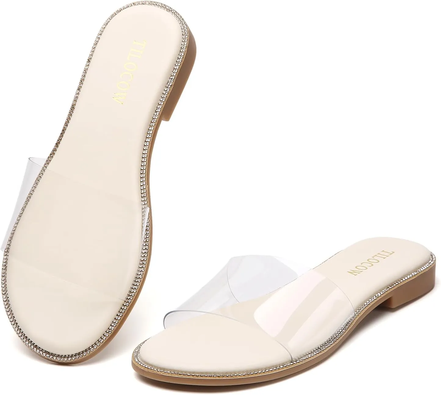 Tilocow Women Clear Sandals for Womens Rhinestone Decor Slides Slip on Bling Sandals Daily Casual Beach Summer Flat Shoes