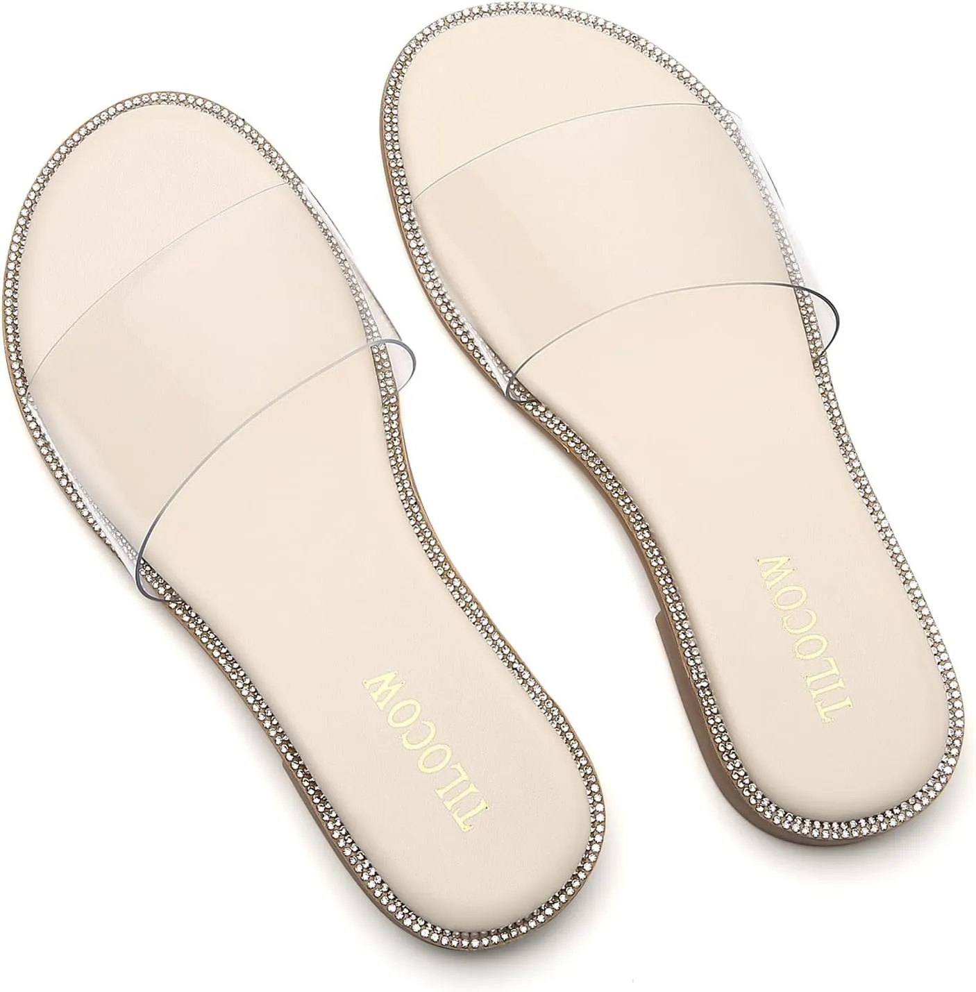 Tilocow Women Clear Sandals for Womens Rhinestone Decor Slides Slip on Bling Sandals Daily Casual Beach Summer Flat Shoes