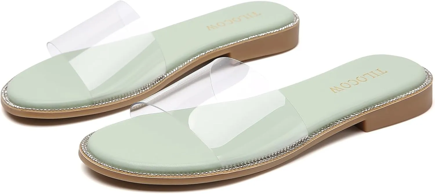 Tilocow Women Clear Sandals for Womens Rhinestone Decor Slides Slip on Bling Sandals Daily Casual Beach Summer Flat Shoes