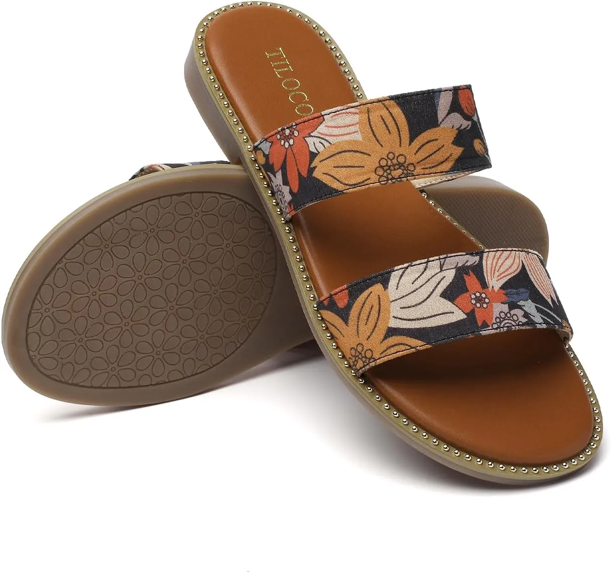 Tilocow Women's Flat Sandals with Rivets Inlaid Slip on Sandals Two Strap Casual Summer Slide Shoes