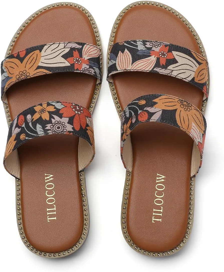 Tilocow Women's Flat Sandals with Rivets Inlaid Slip on Sandals Two Strap Casual Summer Slide Shoes