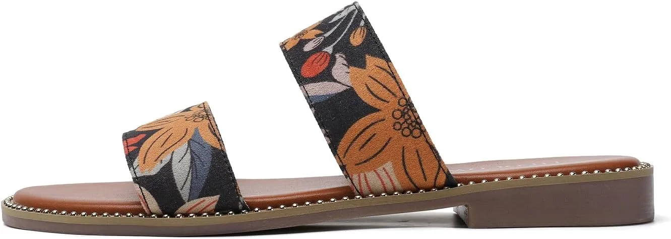 Tilocow Women's Flat Sandals with Rivets Inlaid Slip on Sandals Two Strap Casual Summer Slide Shoes
