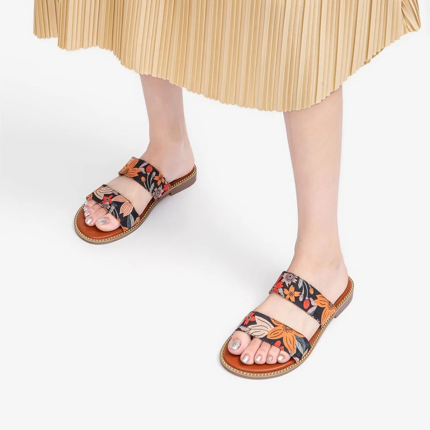 Tilocow Women's Flat Sandals with Rivets Inlaid Slip on Sandals Two Strap Casual Summer Slide Shoes
