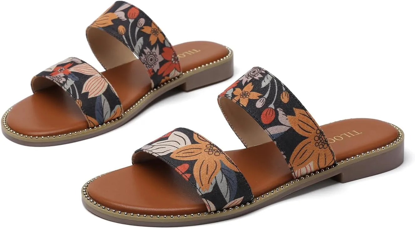 Tilocow Women's Flat Sandals with Rivets Inlaid Slip on Sandals Two Strap Casual Summer Slide Shoes