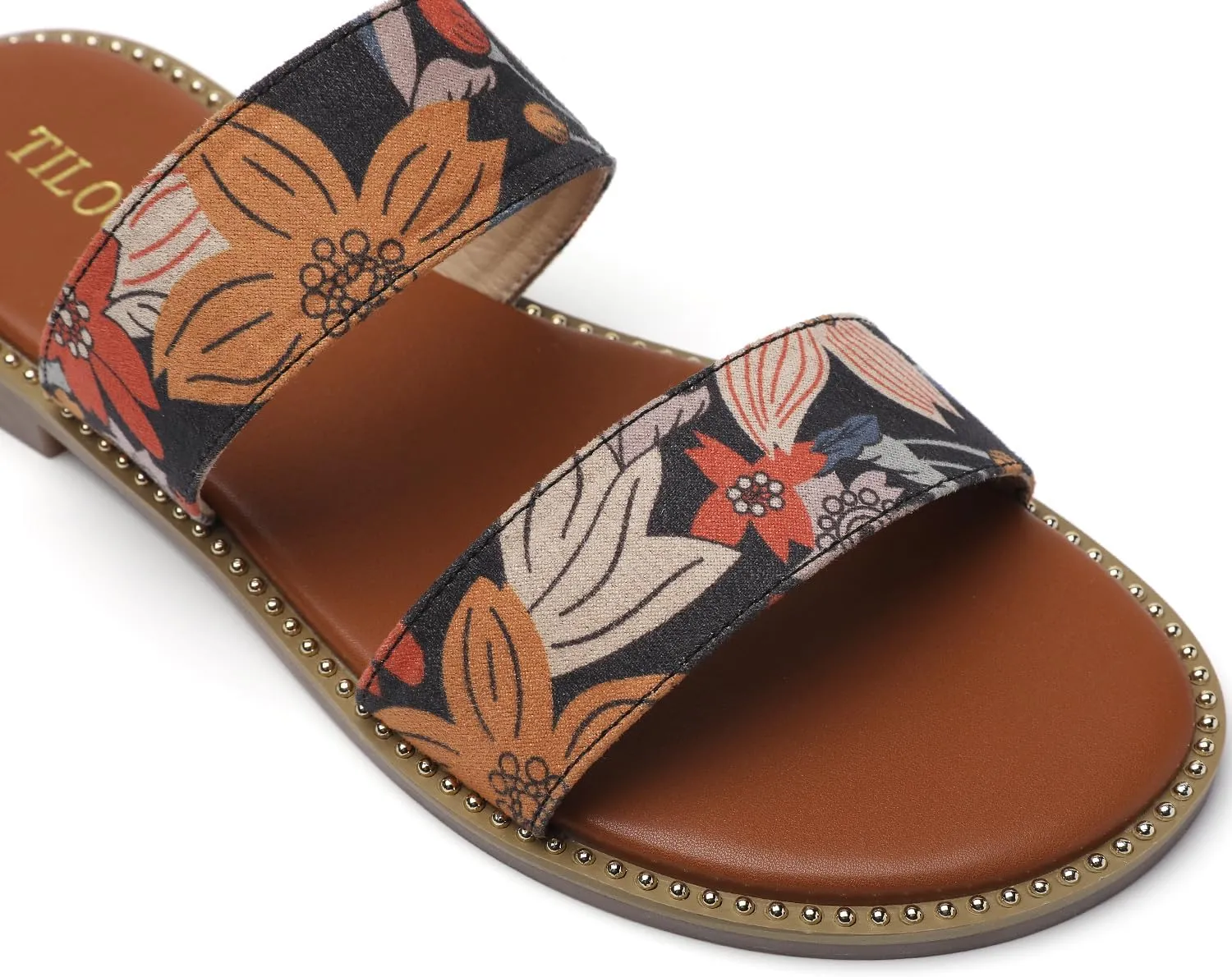 Tilocow Women's Flat Sandals with Rivets Inlaid Slip on Sandals Two Strap Casual Summer Slide Shoes