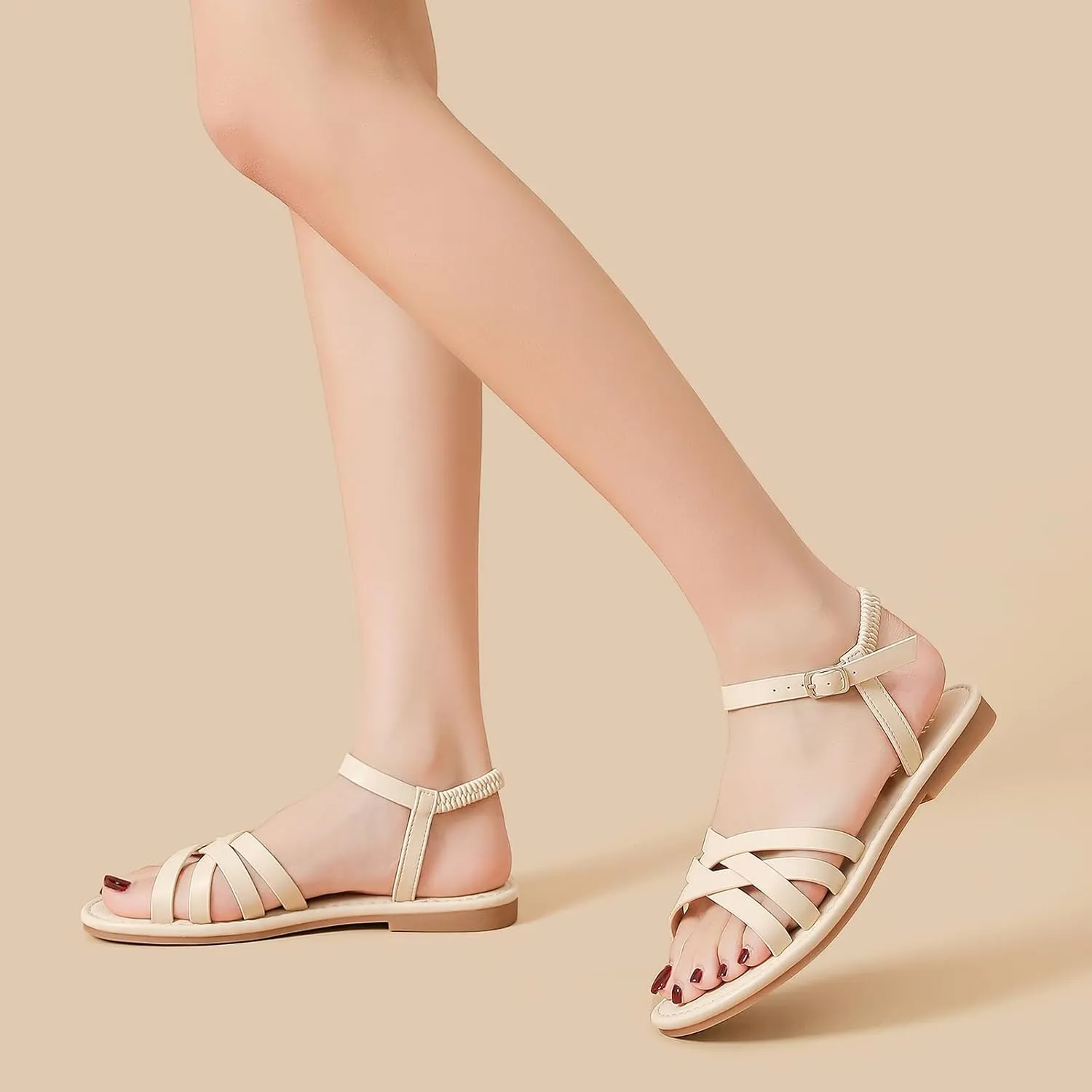 Tilocow Woven Women Flat Sandals Round Toe Buckle Slides Cross Strappy Casual Shoes for Summer