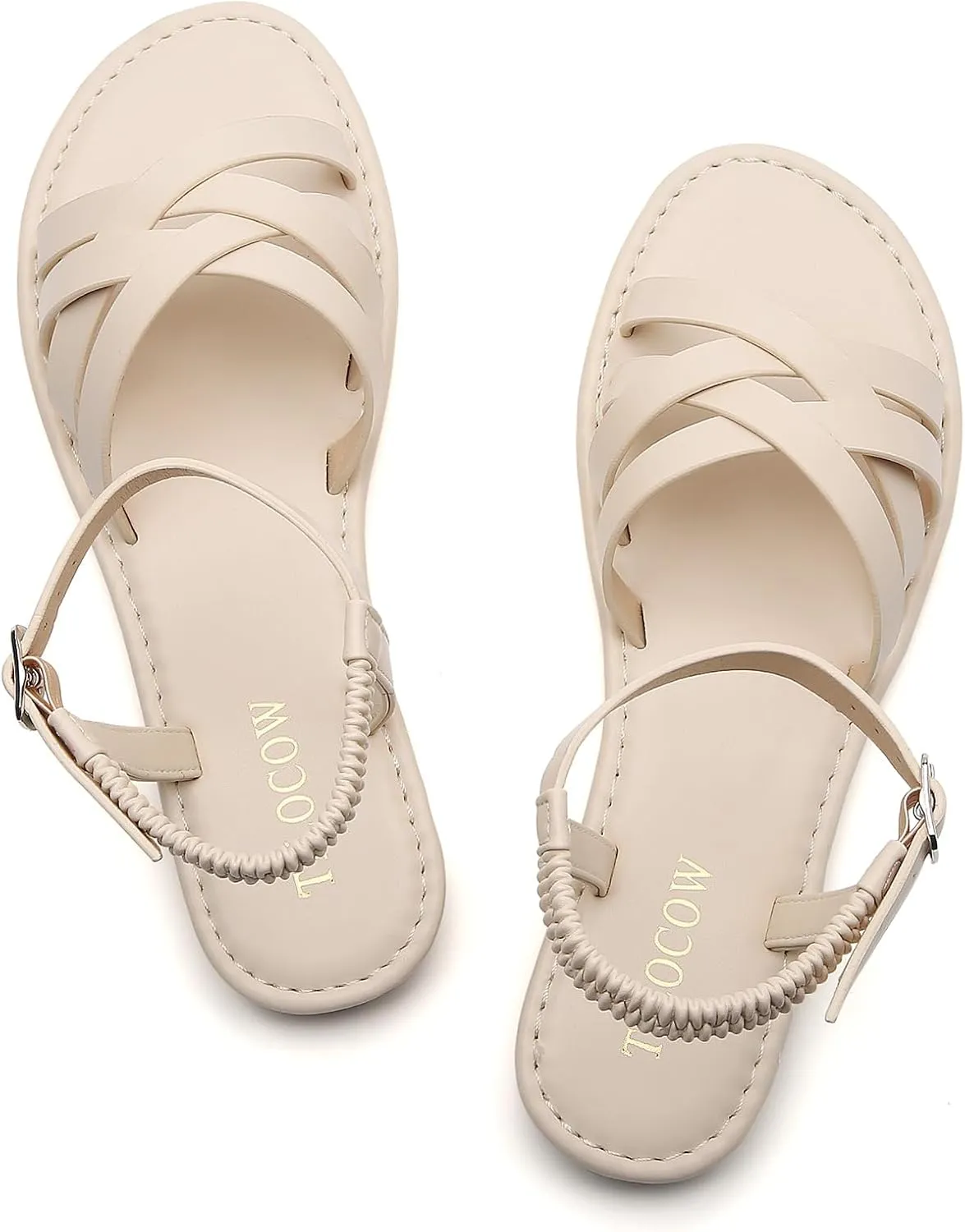 Tilocow Woven Women Flat Sandals Round Toe Buckle Slides Cross Strappy Casual Shoes for Summer