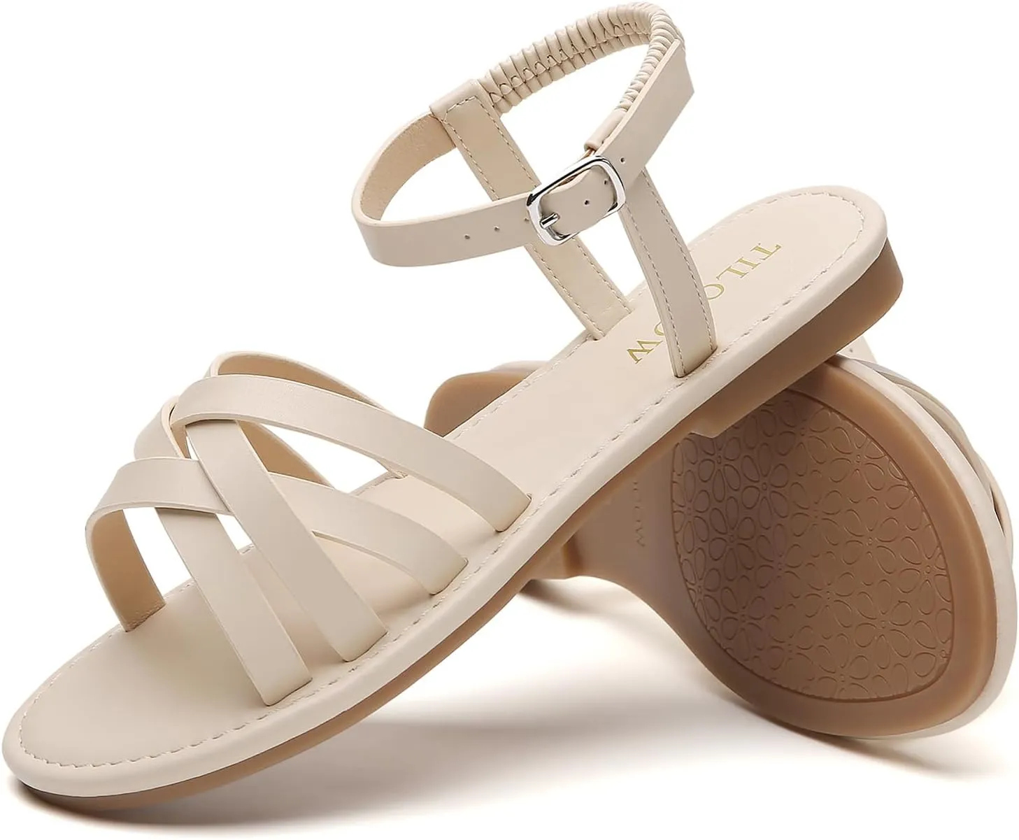 Tilocow Woven Women Flat Sandals Round Toe Buckle Slides Cross Strappy Casual Shoes for Summer