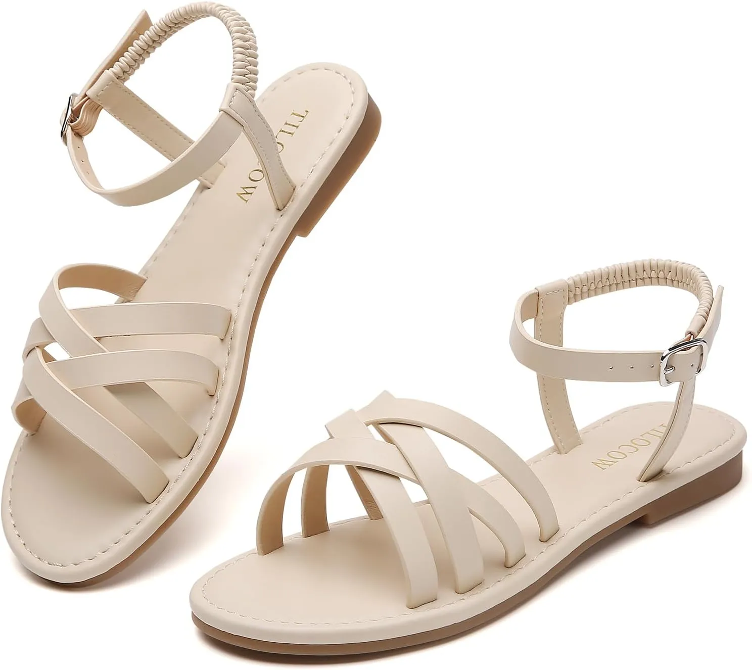 Tilocow Woven Women Flat Sandals Round Toe Buckle Slides Cross Strappy Casual Shoes for Summer
