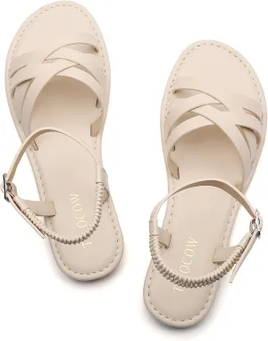 Tilocow Woven Women Flat Sandals Round Toe Buckle Slides Cross Strappy Casual Shoes for Summer