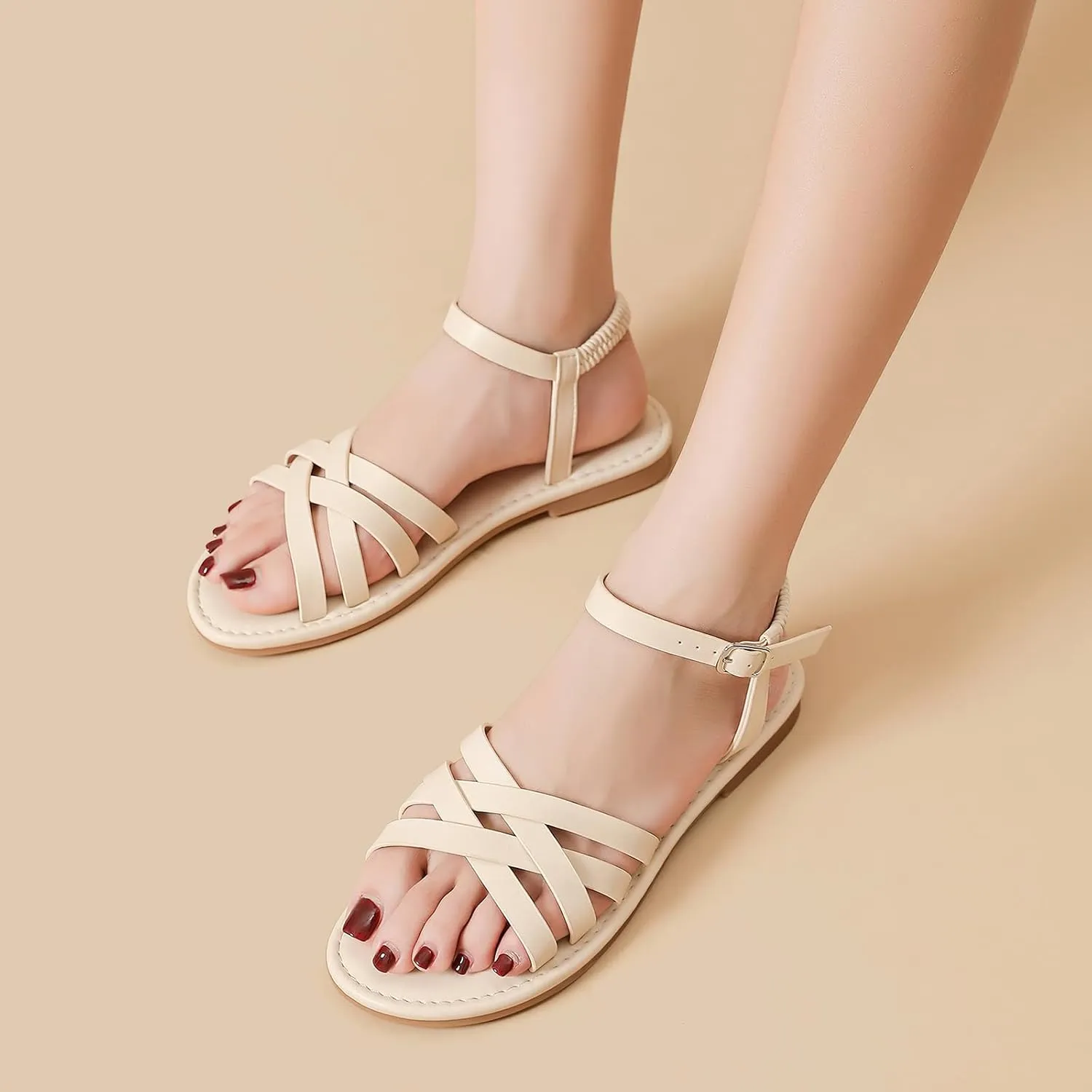 Tilocow Woven Women Flat Sandals Round Toe Buckle Slides Cross Strappy Casual Shoes for Summer