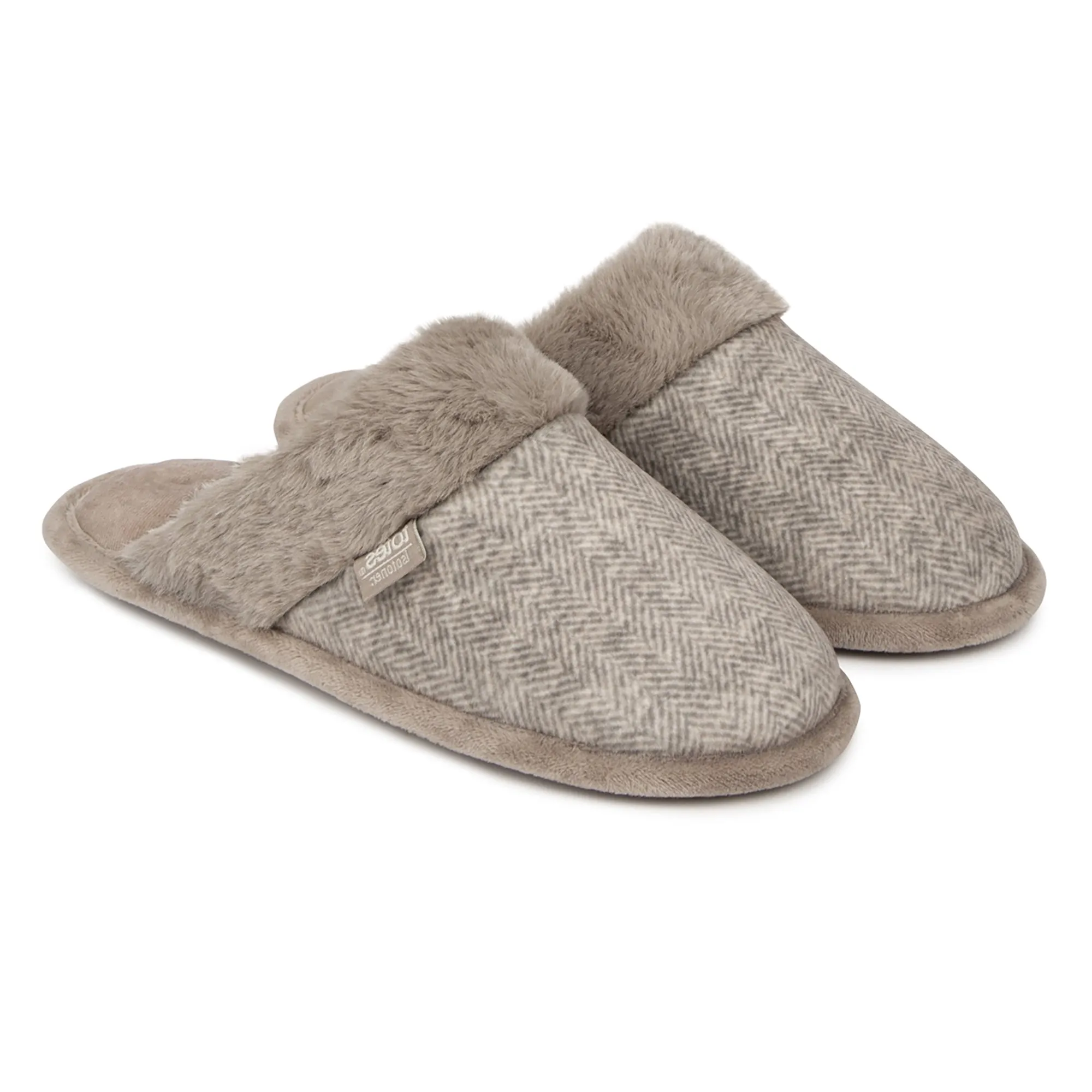 Totes Isotoner HERRINGBONE VELOUR MULE WITH FUR CUFF Womens Mule Slippers Beige