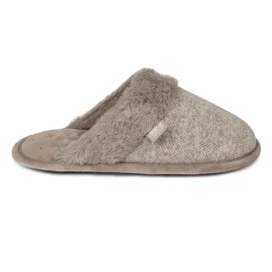 Totes Isotoner HERRINGBONE VELOUR MULE WITH FUR CUFF Womens Mule Slippers Beige