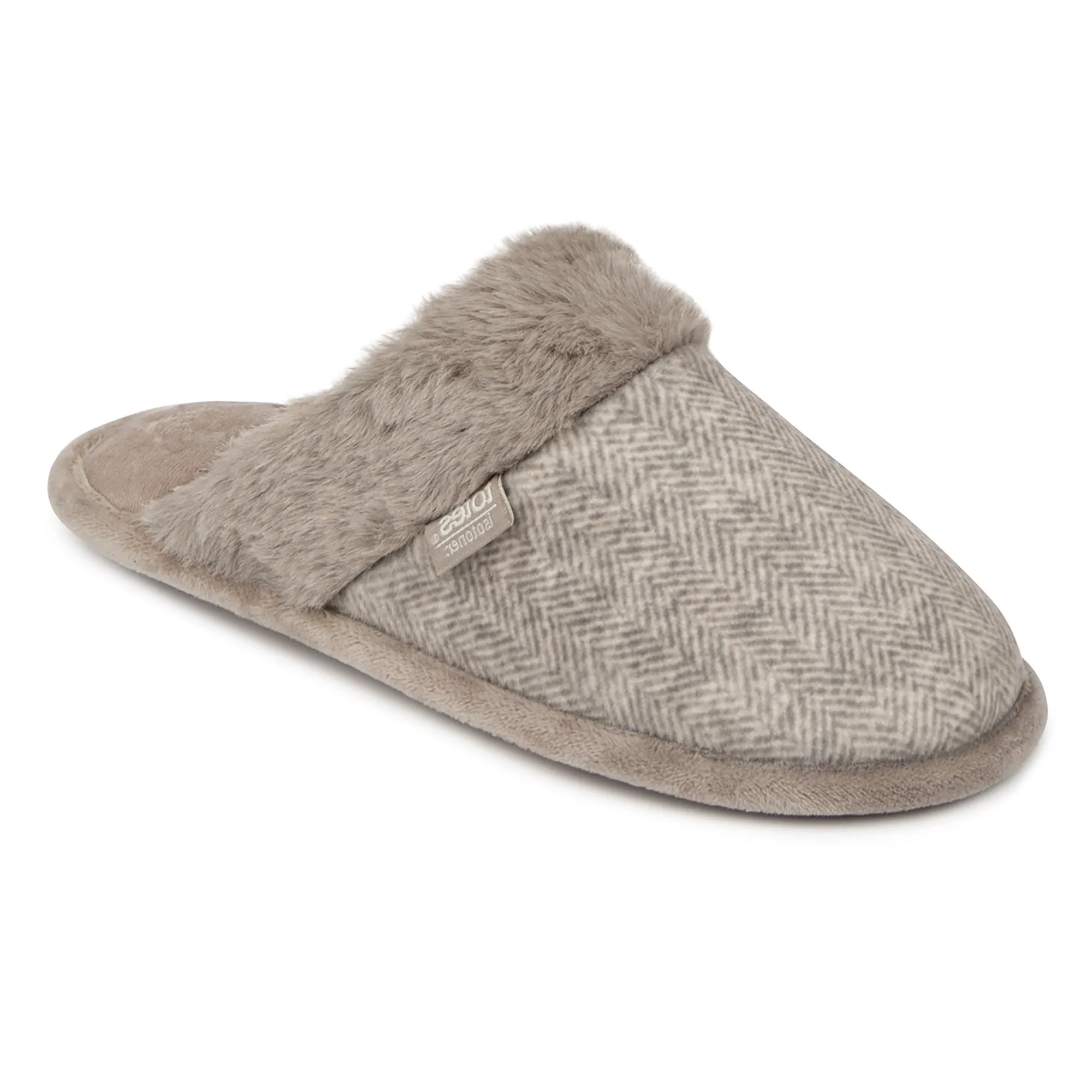Totes Isotoner HERRINGBONE VELOUR MULE WITH FUR CUFF Womens Mule Slippers Beige