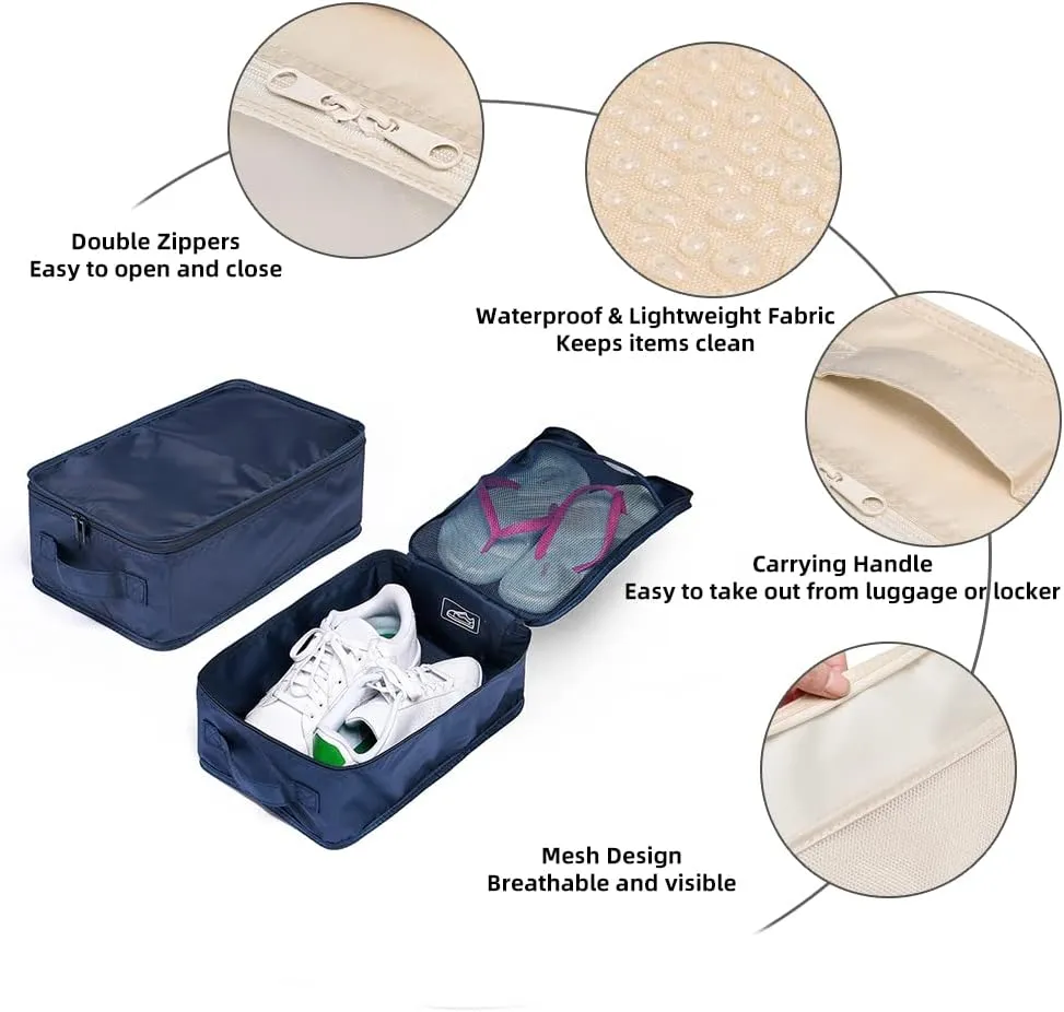 Travel Shoe Bags, Foldable Waterproof Shoe Pouches Organizer-Double Layer (4 Navy Shoe Bag)