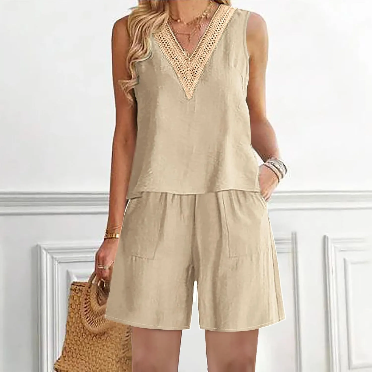 Two Piece Short Sets For Women Dressy 2024 Summer Vacation Linen Outfits v Neck Tank Top Shorts Matching Lounge Set