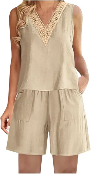 Two Piece Short Sets For Women Dressy 2024 Summer Vacation Linen Outfits v Neck Tank Top Shorts Matching Lounge Set