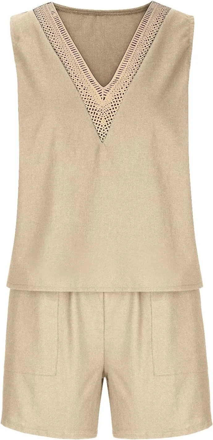 Two Piece Short Sets For Women Dressy 2024 Summer Vacation Linen Outfits v Neck Tank Top Shorts Matching Lounge Set