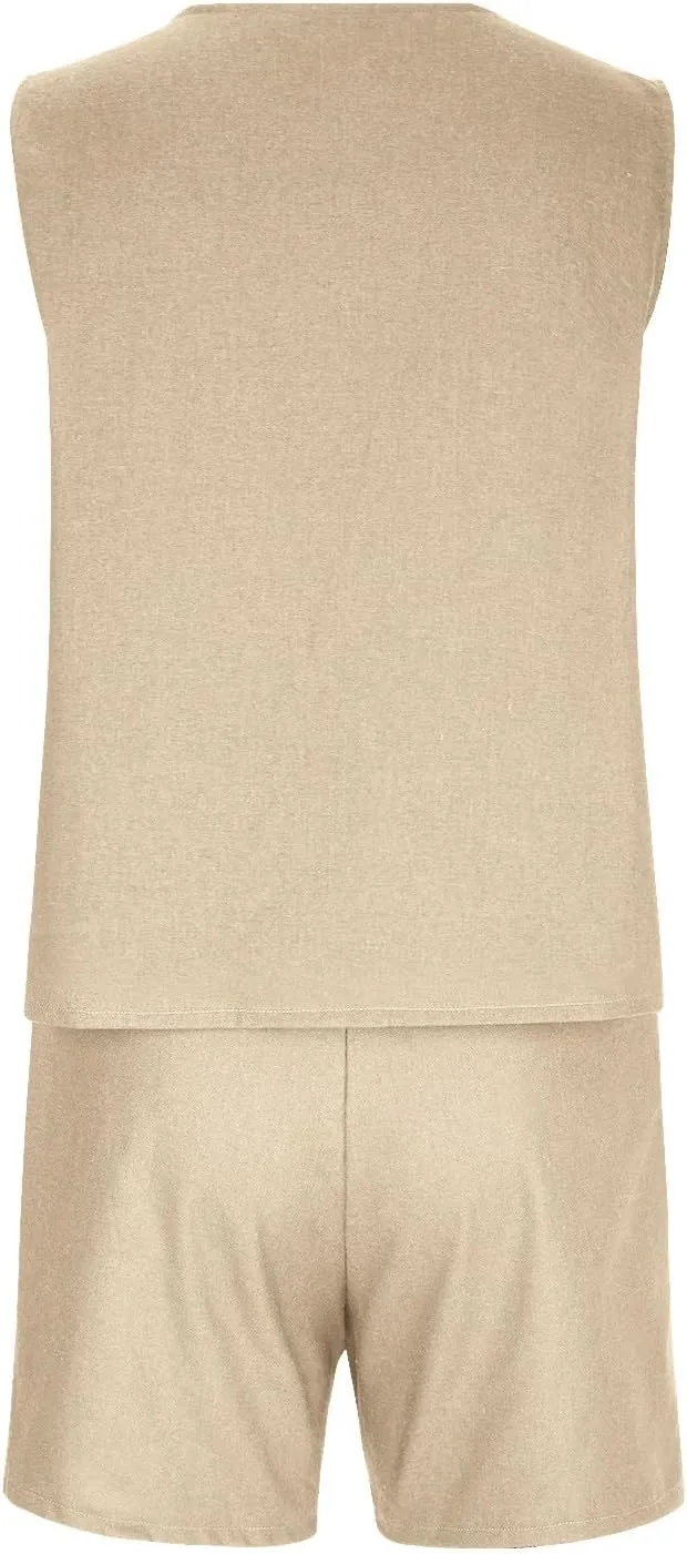 Two Piece Short Sets For Women Dressy 2024 Summer Vacation Linen Outfits v Neck Tank Top Shorts Matching Lounge Set