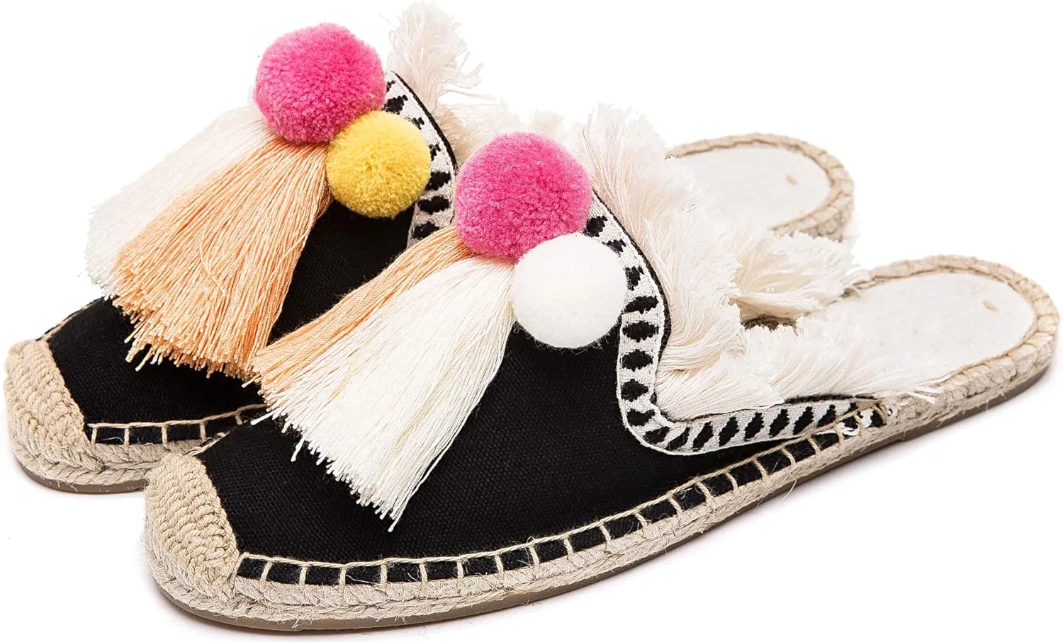 U-lite Women's Comfort Red Tassel & Fluffy Ball Embellishment Canvas Mule Shoes Espadrilles