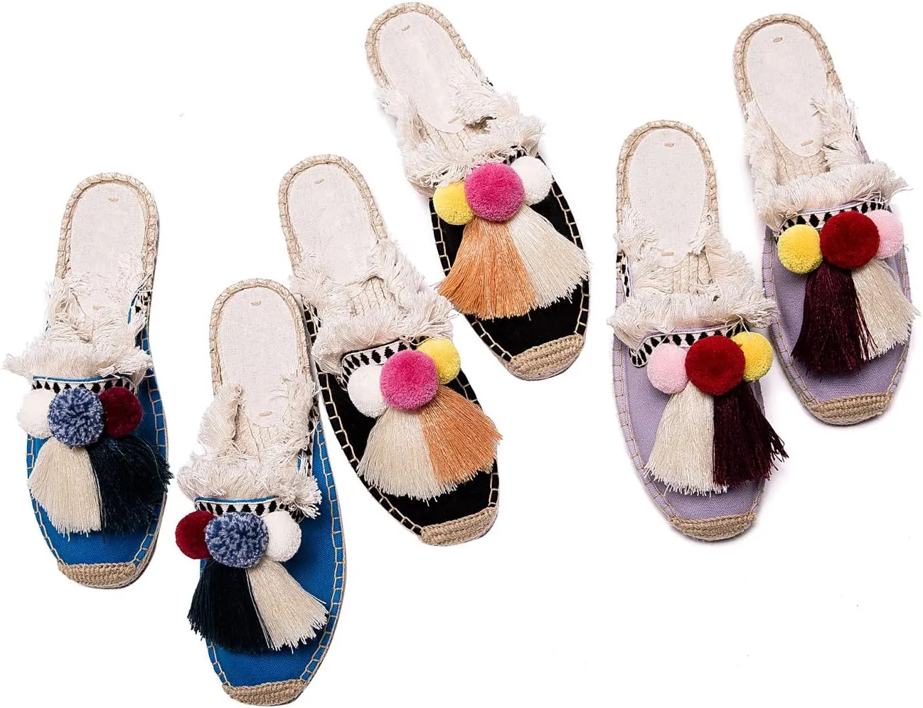 U-lite Women's Comfort Red Tassel & Fluffy Ball Embellishment Canvas Mule Shoes Espadrilles