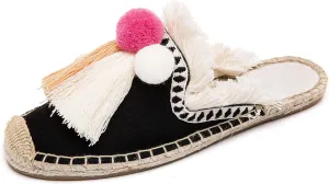 U-lite Women's Comfort Red Tassel & Fluffy Ball Embellishment Canvas Mule Shoes Espadrilles