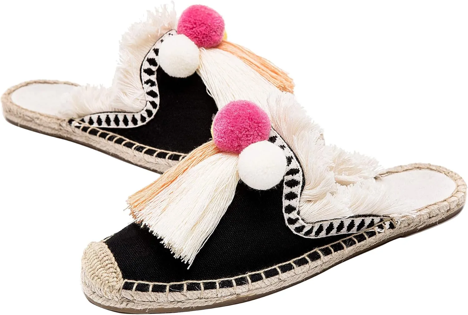 U-lite Women's Comfort Red Tassel & Fluffy Ball Embellishment Canvas Mule Shoes Espadrilles