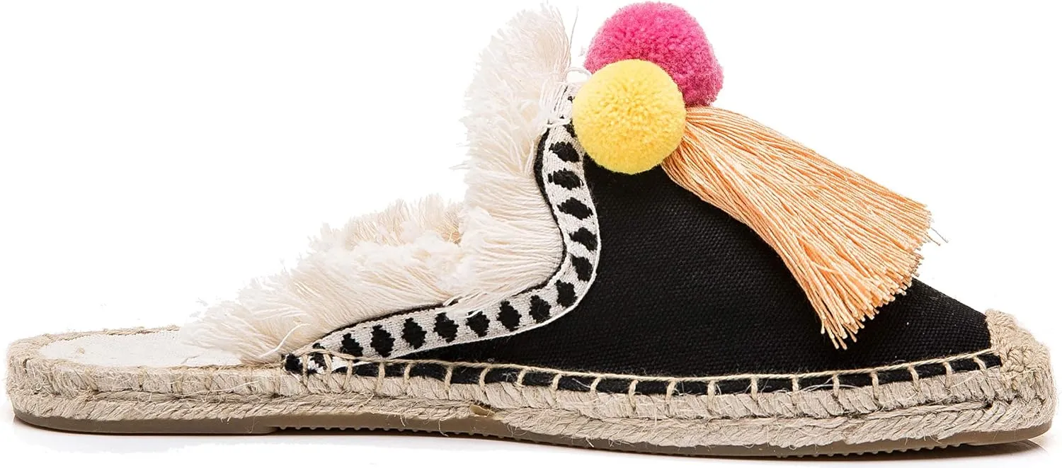 U-lite Women's Comfort Red Tassel & Fluffy Ball Embellishment Canvas Mule Shoes Espadrilles