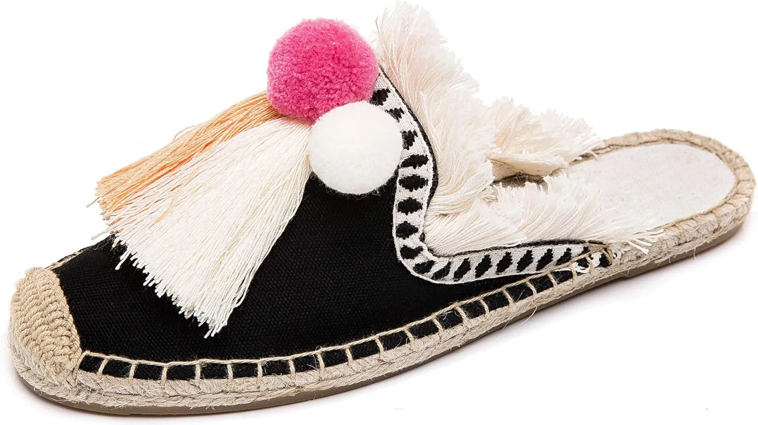 U-lite Women's Comfort Red Tassel & Fluffy Ball Embellishment Canvas Mule Shoes Espadrilles