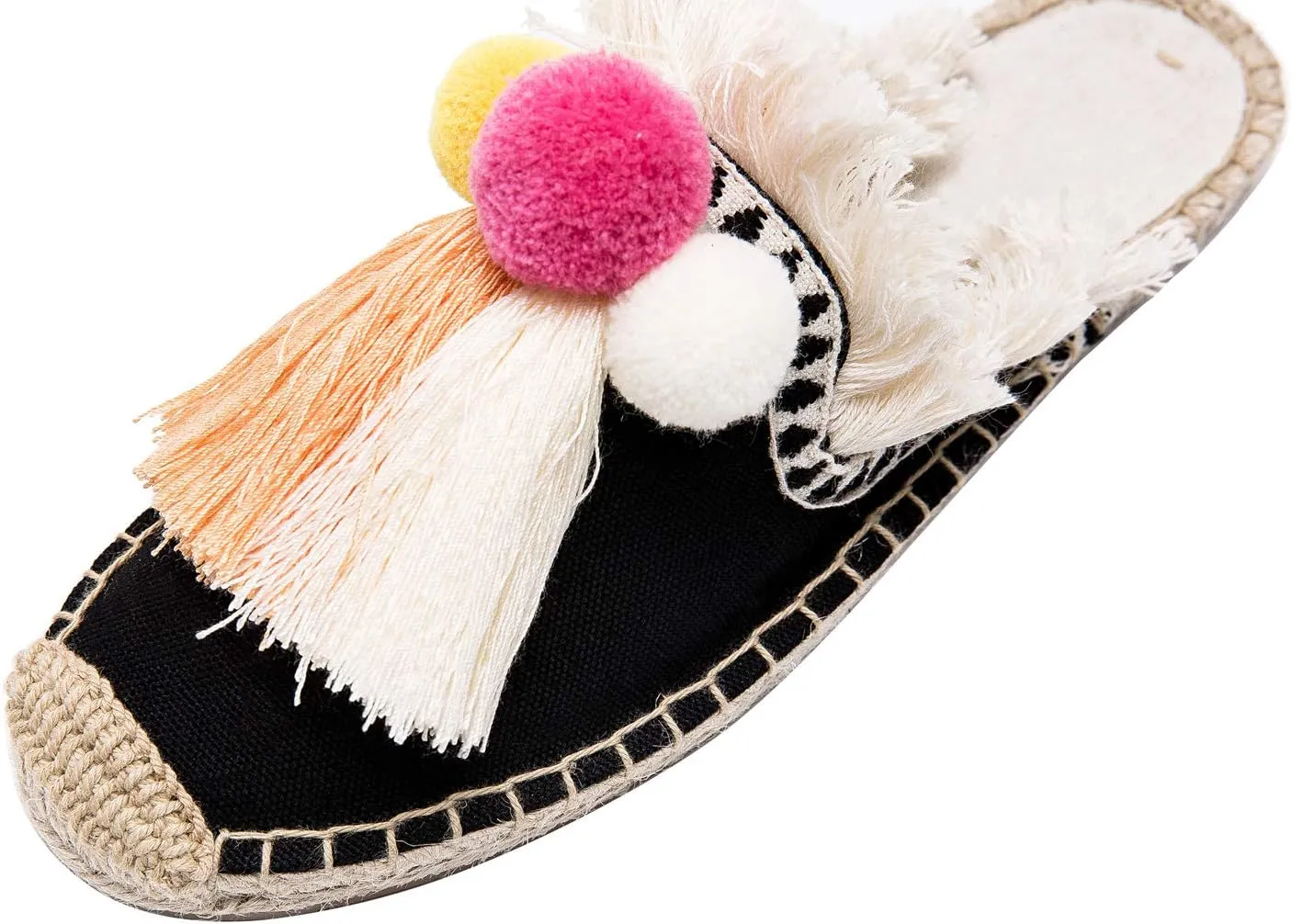 U-lite Women's Comfort Red Tassel & Fluffy Ball Embellishment Canvas Mule Shoes Espadrilles