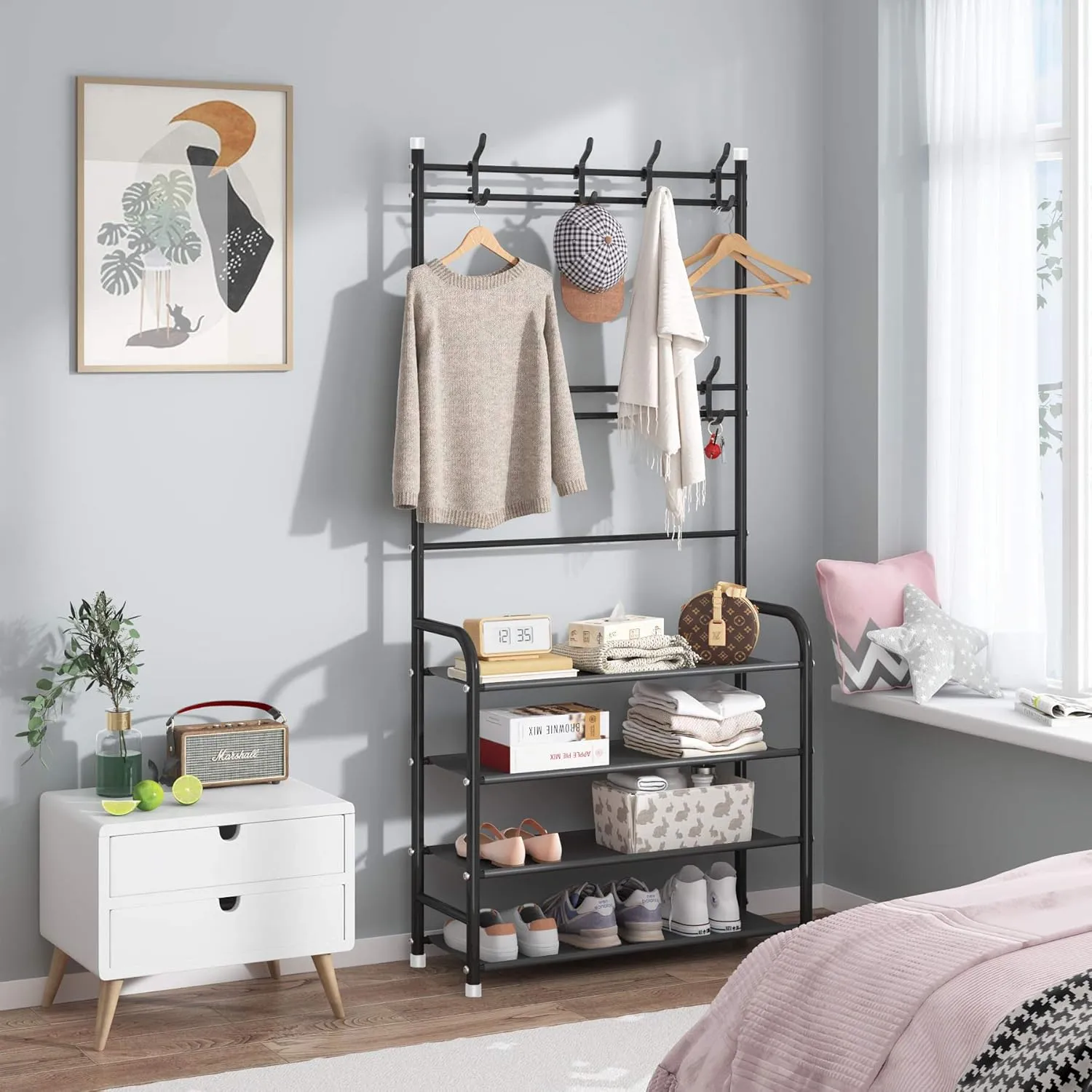 UDEAR Entryway Coat Rack,Hall Tree Storage Shelf,Easy Assembly,with 4-Tier Shelf for Storage Shoes,Clothes,Black