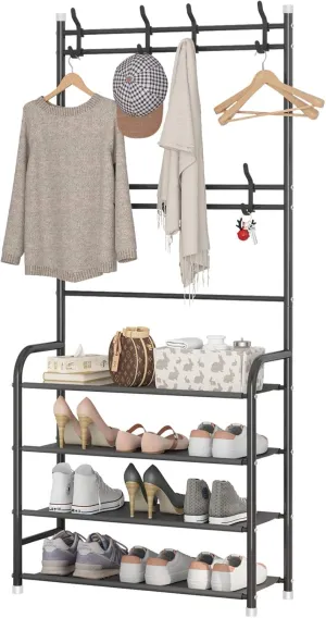 UDEAR Entryway Coat Rack,Hall Tree Storage Shelf,Easy Assembly,with 4-Tier Shelf for Storage Shoes,Clothes,Black