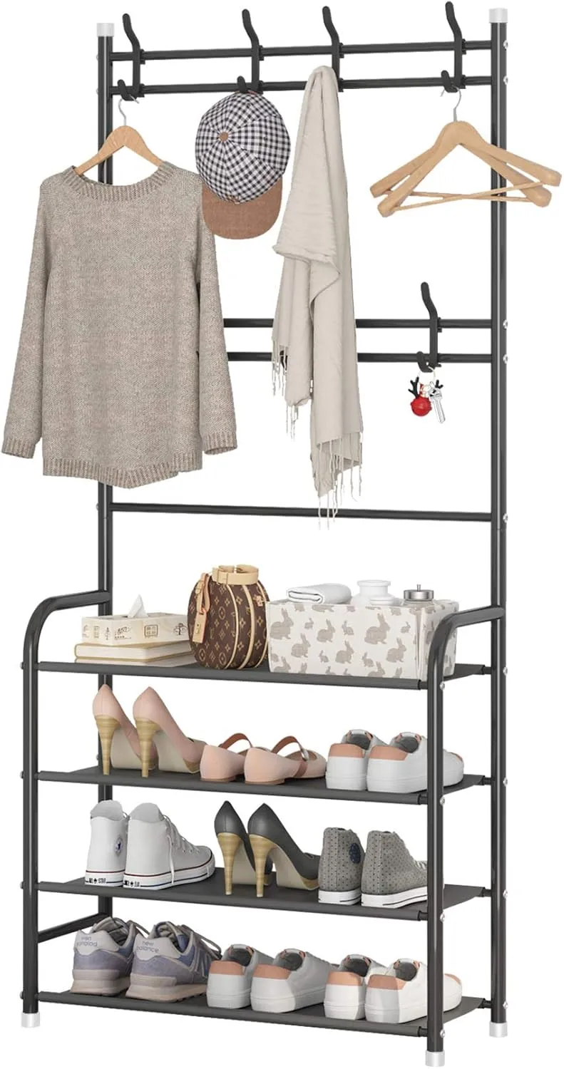 UDEAR Entryway Coat Rack,Hall Tree Storage Shelf,Easy Assembly,with 4-Tier Shelf for Storage Shoes,Clothes,Black