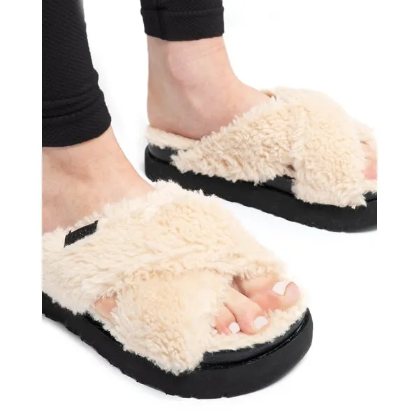 UGG FUZZ SUGAR CROSS SLIDE Womens Mule Slippers Natural/Black
