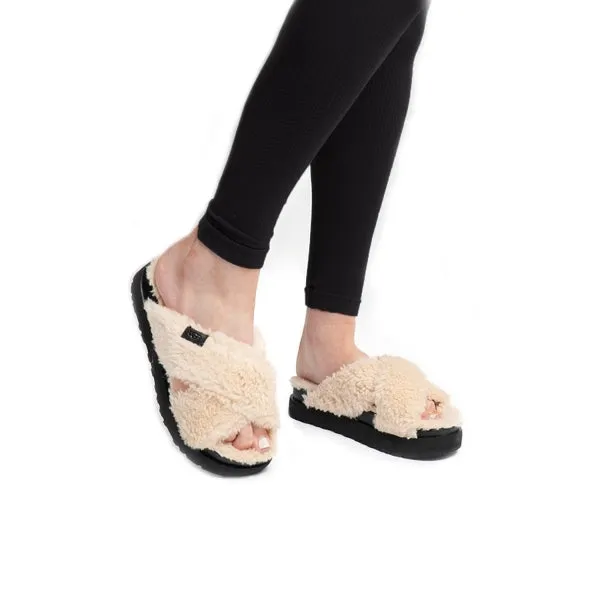 UGG FUZZ SUGAR CROSS SLIDE Womens Mule Slippers Natural/Black