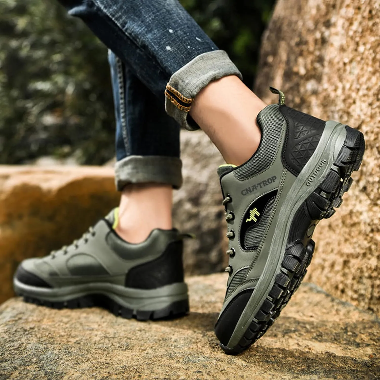 UGOSELEC Men's Low Top Outdoor Walking Hiking Shoes Trekking Sneakers,Comfort Breathable Non-Slip Arch Support Leather Trails Shoes