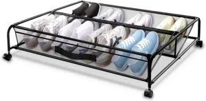 Under Bed Shoe Storage with Wheels, Space Saving Shoe Organizer with Sturdy Metal Frame & Breathable Mesh, Suitable Under The Bed, Sofa and Desk