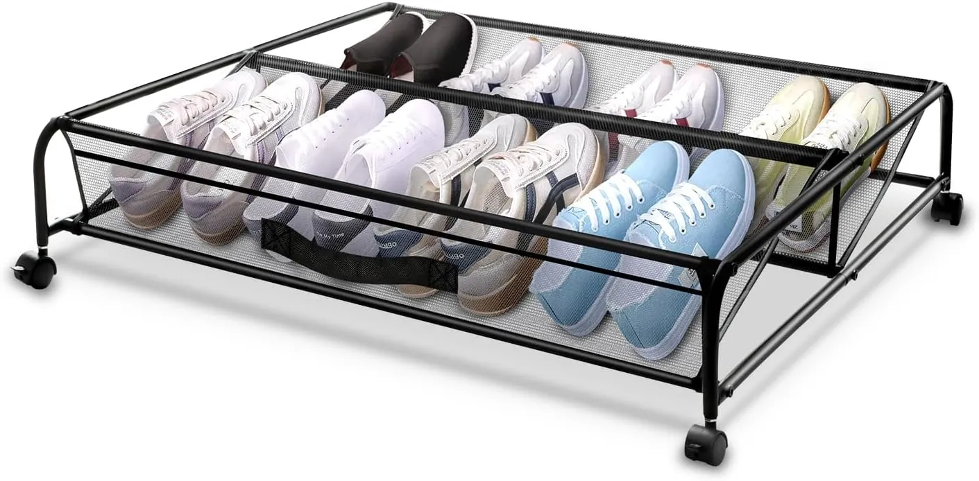 Under Bed Shoe Storage with Wheels, Space Saving Shoe Organizer with Sturdy Metal Frame & Breathable Mesh, Suitable Under The Bed, Sofa and Desk