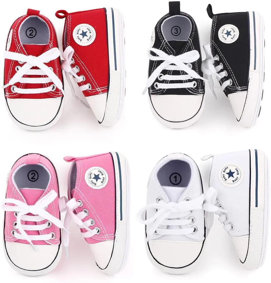 Unisex Baby Soft Sole Sneakers, Canvas Denim High Top, Newborn Infant First Walkers