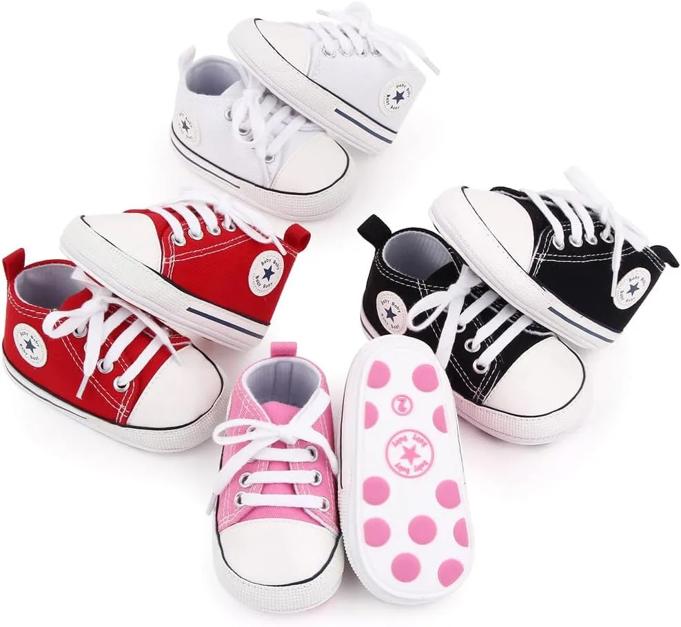 Unisex Baby Soft Sole Sneakers, Canvas Denim High Top, Newborn Infant First Walkers