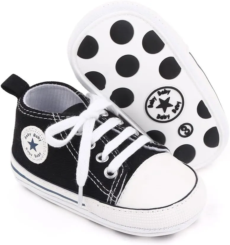 Unisex Baby Soft Sole Sneakers, Canvas Denim High Top, Newborn Infant First Walkers