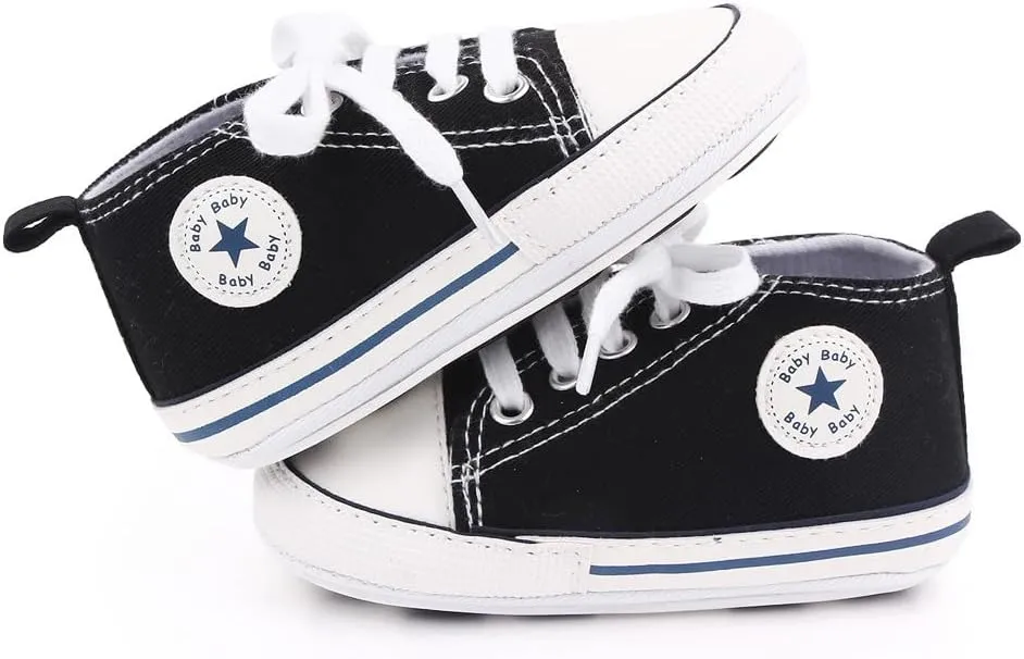 Unisex Baby Soft Sole Sneakers, Canvas Denim High Top, Newborn Infant First Walkers