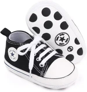 Unisex Baby Soft Sole Sneakers, Canvas Denim High Top, Newborn Infant First Walkers