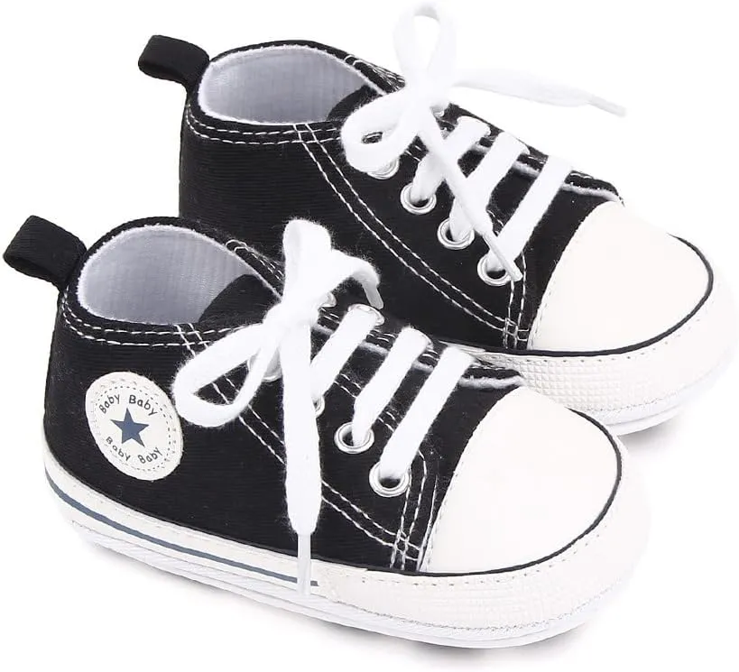 Unisex Baby Soft Sole Sneakers, Canvas Denim High Top, Newborn Infant First Walkers