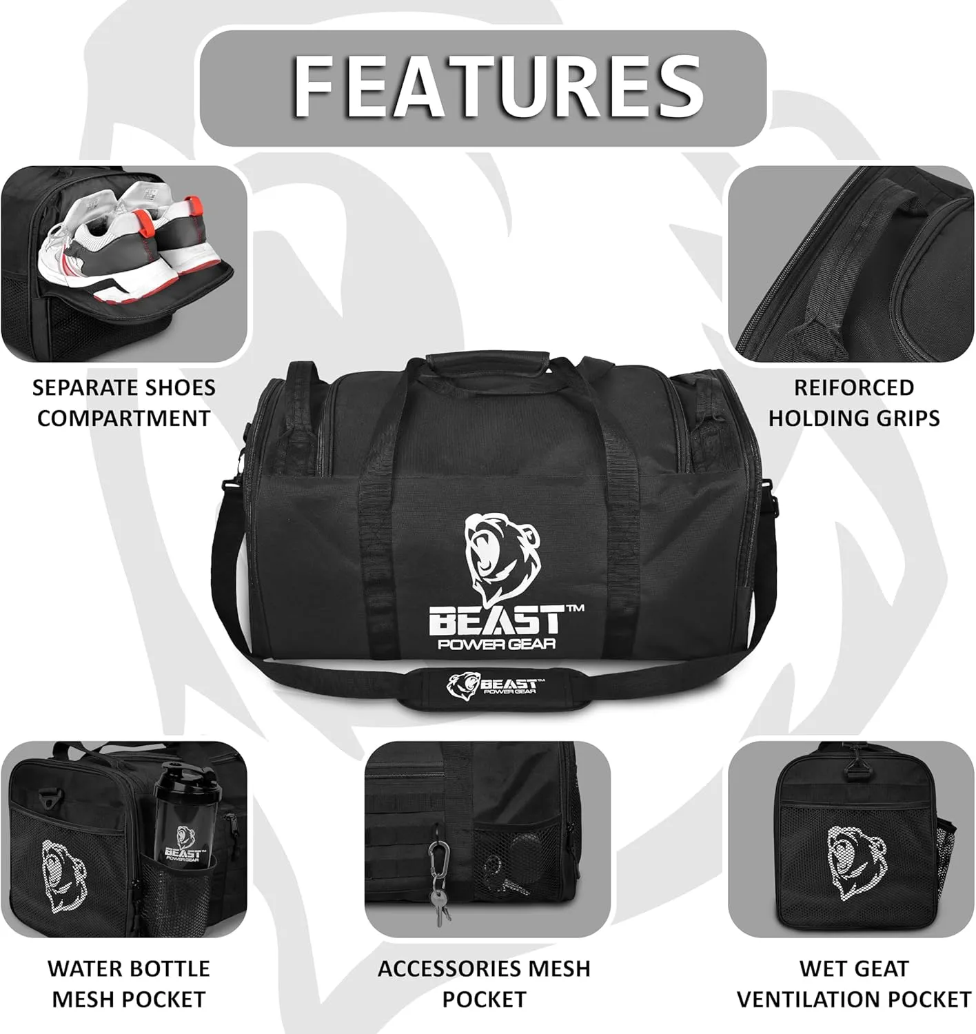 Unisex Duffel Bag Black, Extra Roomy Waterproof Gym Bag For Women with Shoe Compartment, Sports Bag with Zippered Pockets, Adjustable Straps Duffle Bag Travel Large Gym Bag For Men