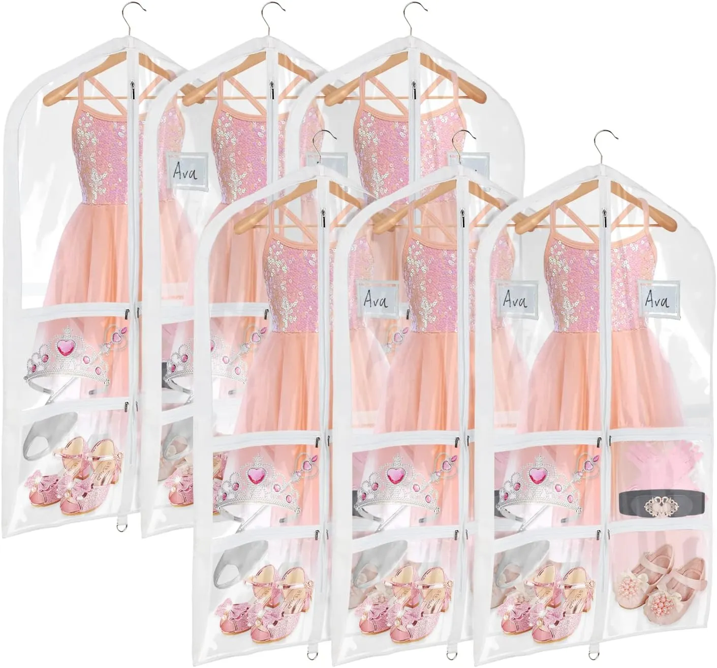 Univivi Clear PVC Dance Costume Bags (6 Pack) Garment Bag 40 Inch for Dance Competitions, with 4 Medium Clear Zipper Pockets and 1 Large Back Zippered Pocket [Upgraded Version] (40'' x 24'' 6 Pack)