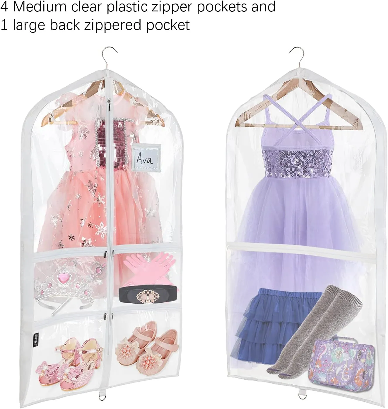 Univivi Clear PVC Dance Costume Bags (6 Pack) Garment Bag 40 Inch for Dance Competitions, with 4 Medium Clear Zipper Pockets and 1 Large Back Zippered Pocket [Upgraded Version] (40'' x 24'' 6 Pack)